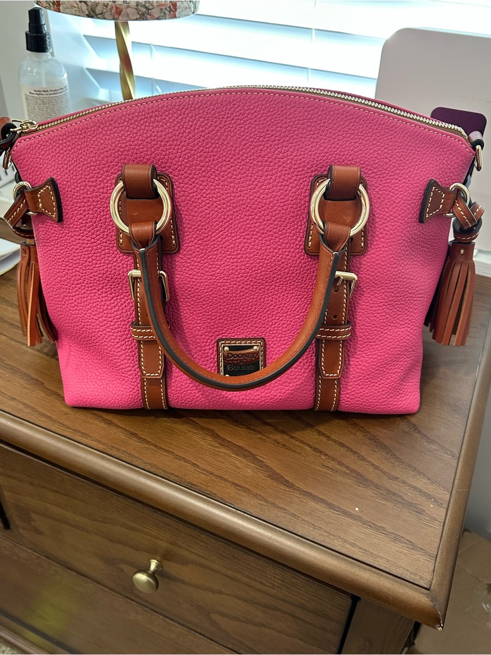 Dooney & Bourke Hot Pink Pebble Leather Satchel with Tan Trim